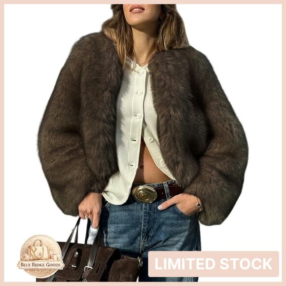 Cropped Faux Fur Coat Fluffy Shaggy Open Front Winter Outerwear Jacket